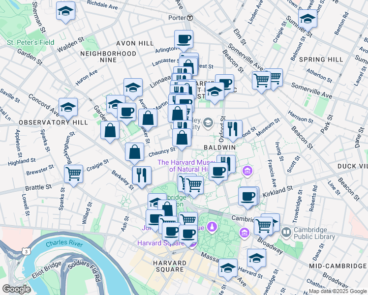map of restaurants, bars, coffee shops, grocery stores, and more near 1607 Massachusetts Avenue in Cambridge