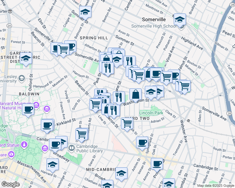 map of restaurants, bars, coffee shops, grocery stores, and more near 72 Dane Street in Somerville