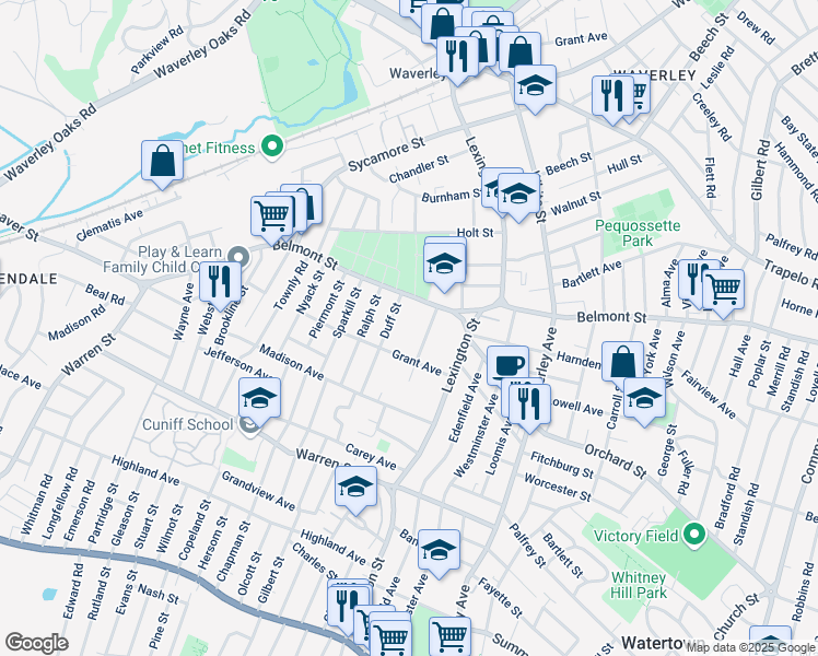 map of restaurants, bars, coffee shops, grocery stores, and more near 45 Grant Avenue in Watertown