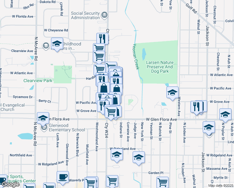 map of restaurants, bars, coffee shops, grocery stores, and more near 1352 Lorraine Place in Waukegan
