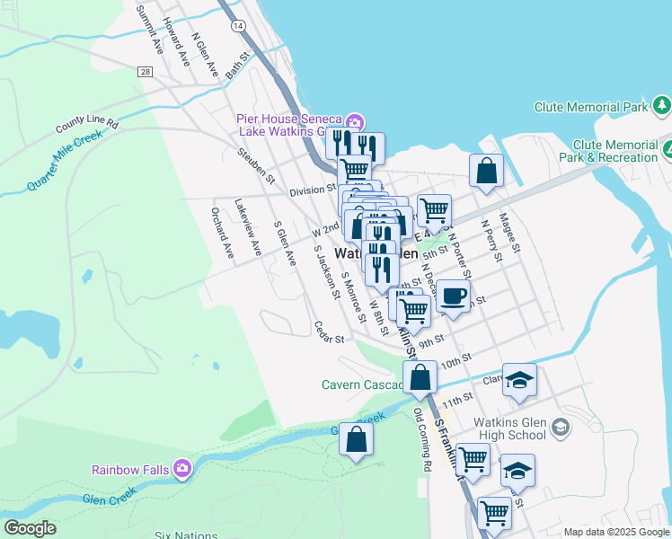 map of restaurants, bars, coffee shops, grocery stores, and more near 115 South Monroe Street in Watkins Glen