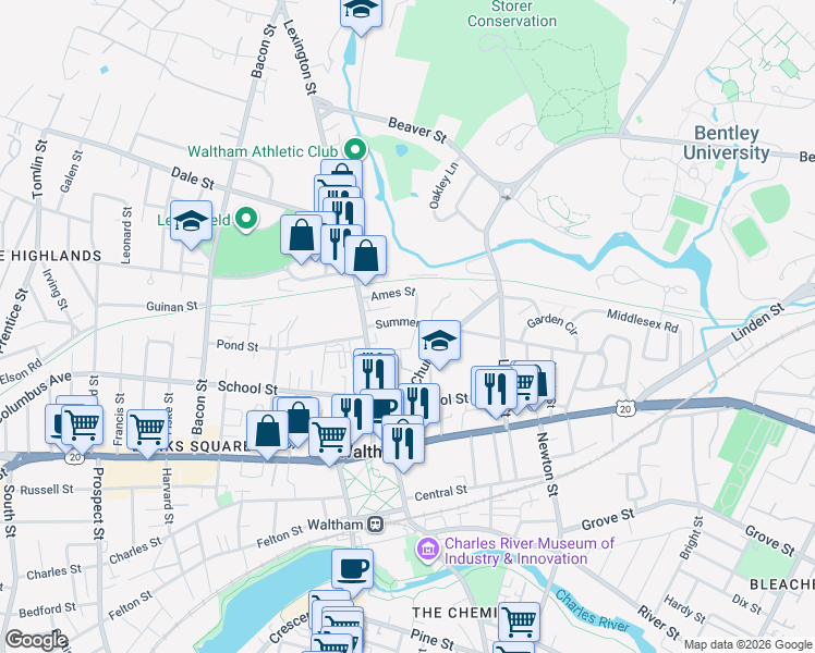 map of restaurants, bars, coffee shops, grocery stores, and more near 20 Warren Avenue in Waltham