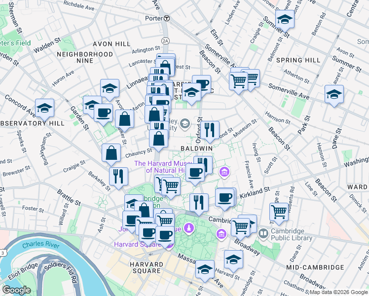 map of restaurants, bars, coffee shops, grocery stores, and more near 27 Everett Street in Cambridge