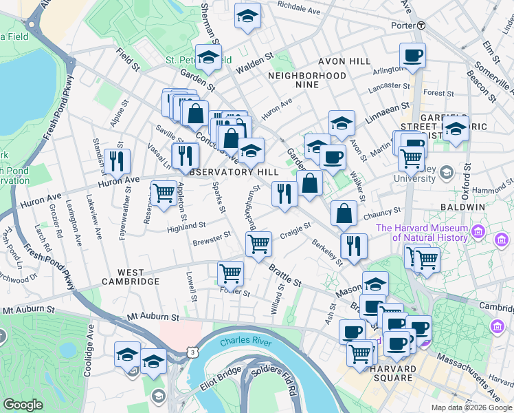 map of restaurants, bars, coffee shops, grocery stores, and more near 15 Buckingham Street in Cambridge