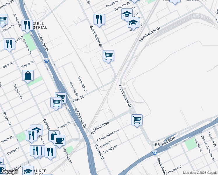 map of restaurants, bars, coffee shops, grocery stores, and more near 1900 Clay Street in Detroit