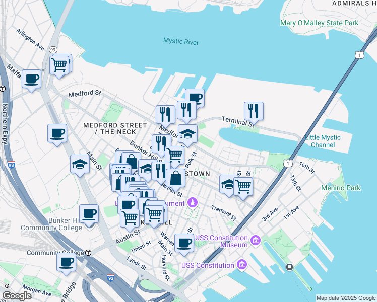 map of restaurants, bars, coffee shops, grocery stores, and more near 240 Medford Street in Boston