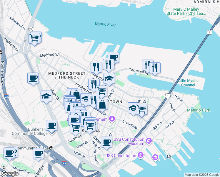 map of restaurants, bars, coffee shops, grocery stores, and more near 240 Medford Street in Boston