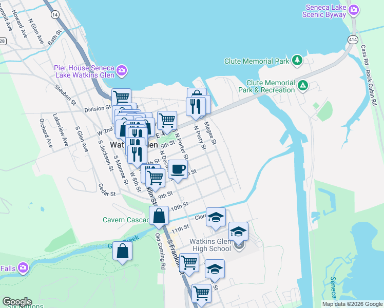 map of restaurants, bars, coffee shops, grocery stores, and more near 304 7th Street in Watkins Glen