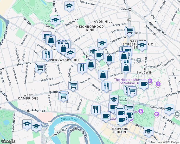 map of restaurants, bars, coffee shops, grocery stores, and more near 36 Concord Avenue in Cambridge