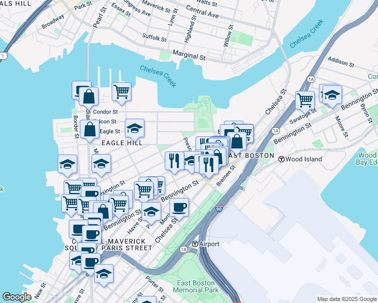 map of restaurants, bars, coffee shops, grocery stores, and more near 242 Princeton Street in Boston