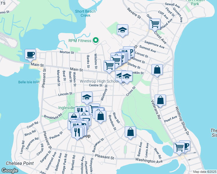 map of restaurants, bars, coffee shops, grocery stores, and more near 59 Bowdoin Street in Winthrop