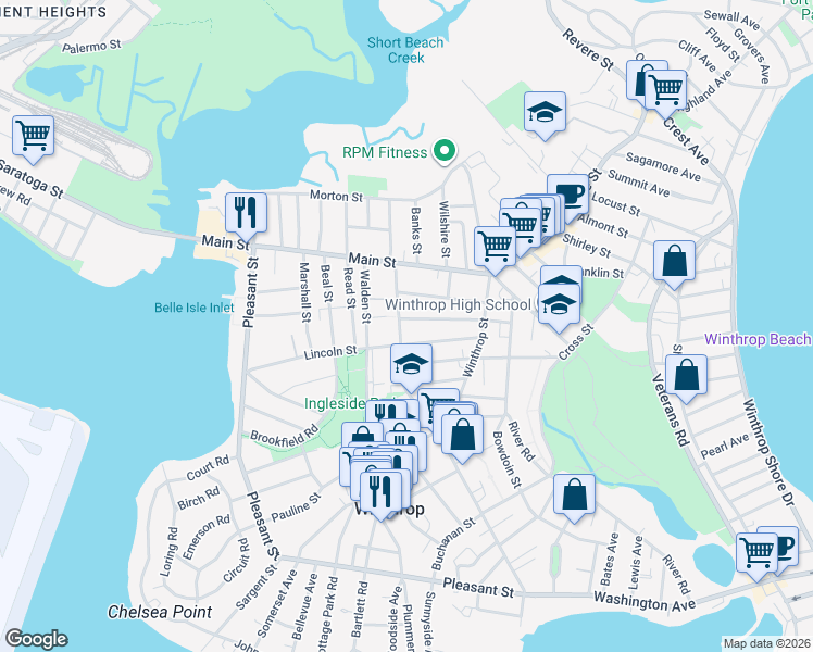 map of restaurants, bars, coffee shops, grocery stores, and more near 100 Hermon Street in Winthrop