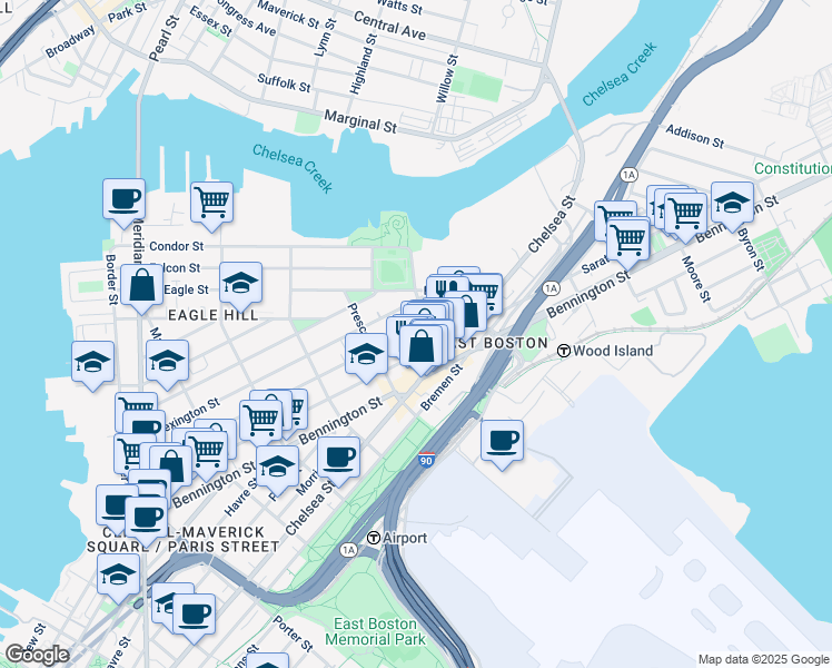 map of restaurants, bars, coffee shops, grocery stores, and more near 390 Chelsea Street in Boston