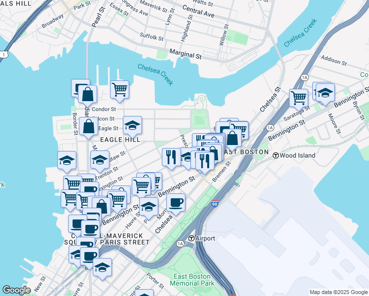 map of restaurants, bars, coffee shops, grocery stores, and more near 242 Princeton Street in Boston