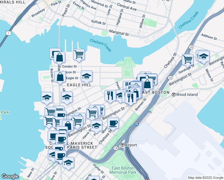 map of restaurants, bars, coffee shops, grocery stores, and more near 242 Princeton Street in Boston