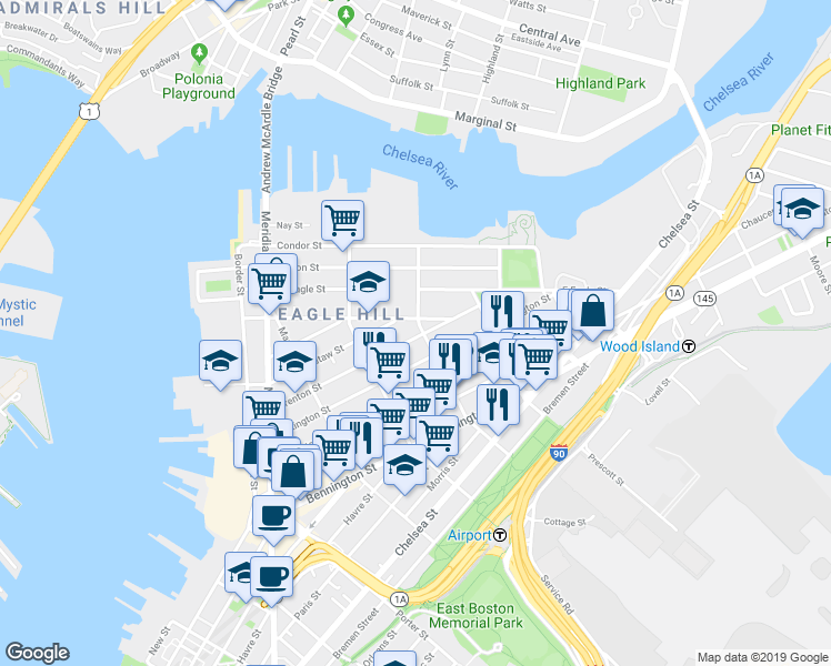 map of restaurants, bars, coffee shops, grocery stores, and more near 139 Trenton Street in Boston
