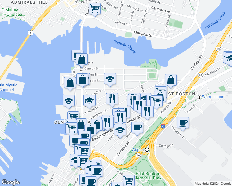 map of restaurants, bars, coffee shops, grocery stores, and more near 139 Trenton Street in Boston