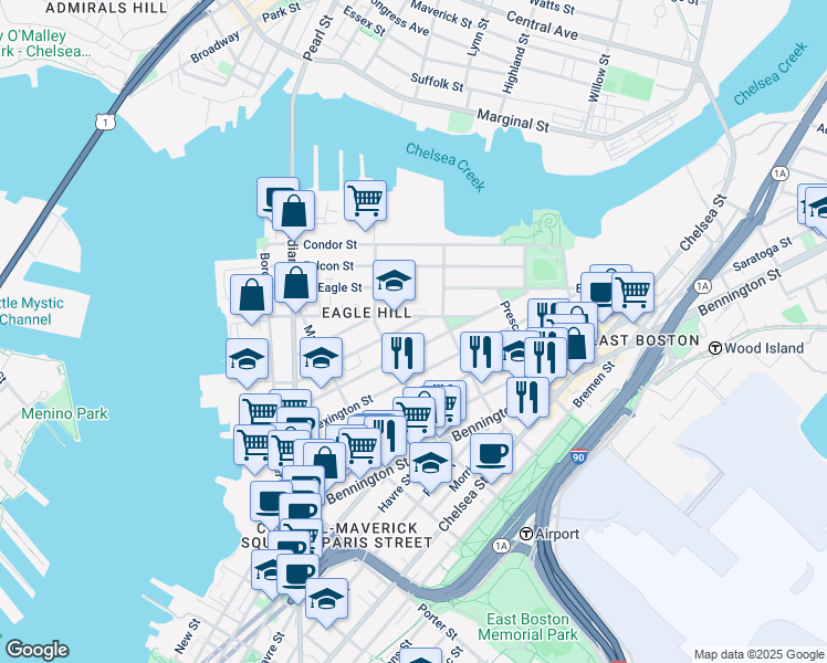 map of restaurants, bars, coffee shops, grocery stores, and more near 139 Trenton Street in Boston