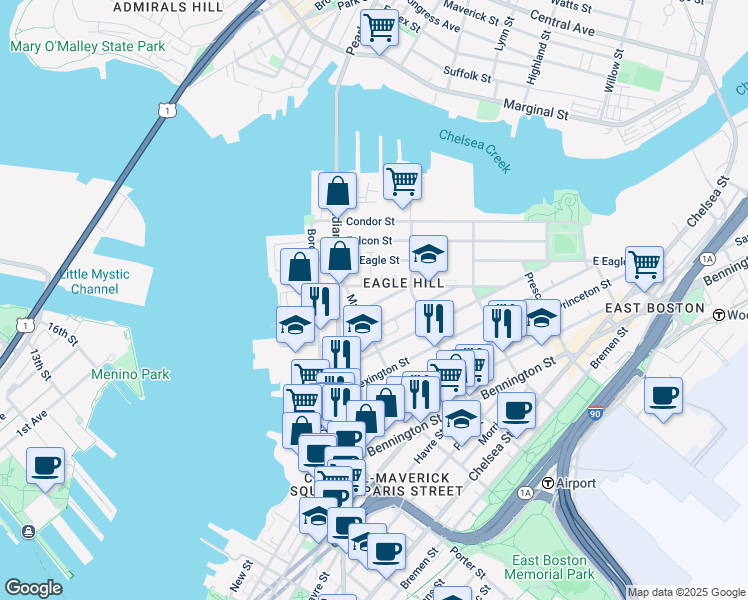 map of restaurants, bars, coffee shops, grocery stores, and more near 66 Eutaw Street in Boston