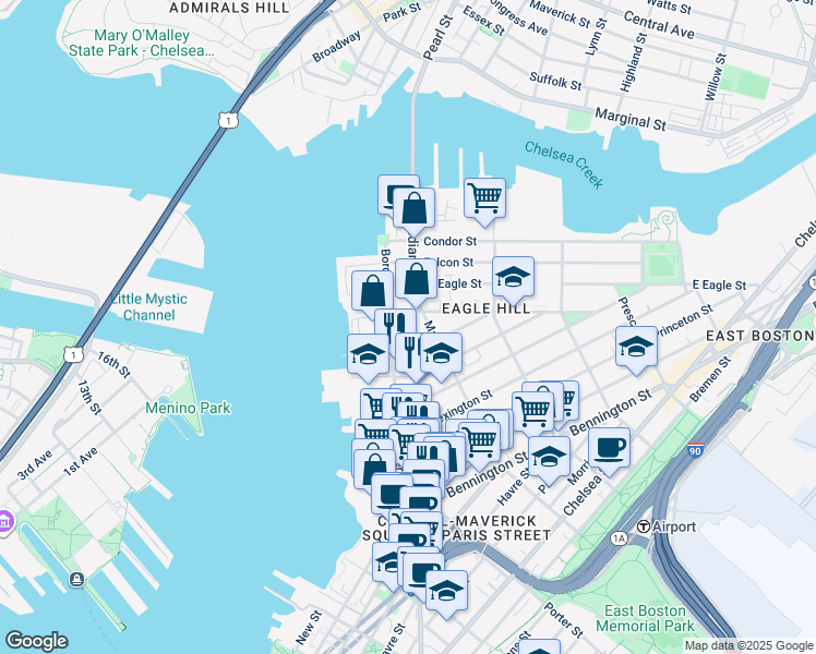 map of restaurants, bars, coffee shops, grocery stores, and more near 347 Border Street in Boston