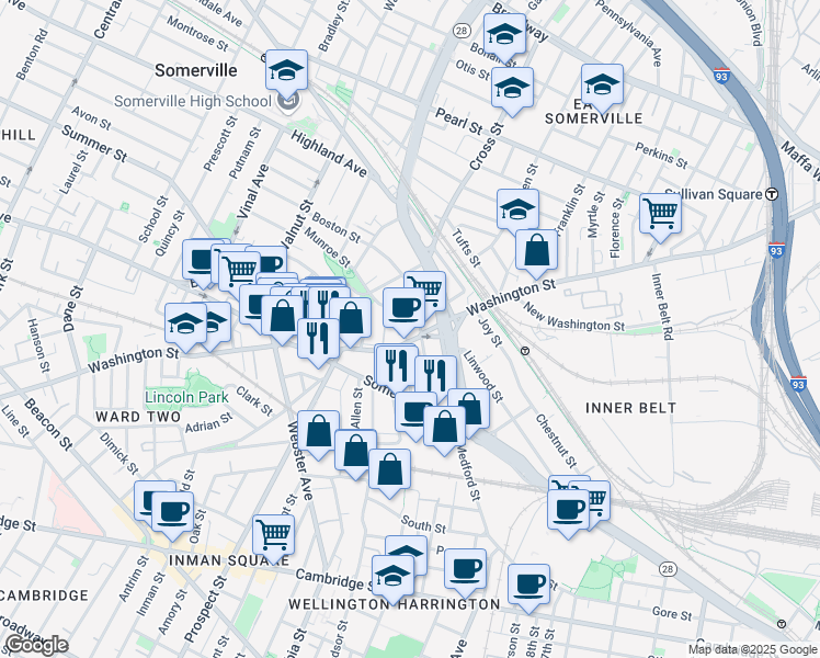 map of restaurants, bars, coffee shops, grocery stores, and more near 192 Washington Street in Somerville