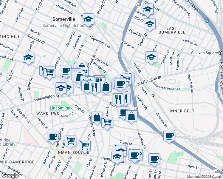 map of restaurants, bars, coffee shops, grocery stores, and more near in Somerville