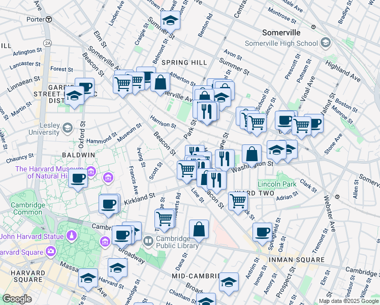 map of restaurants, bars, coffee shops, grocery stores, and more near 161 Beacon Street in Somerville