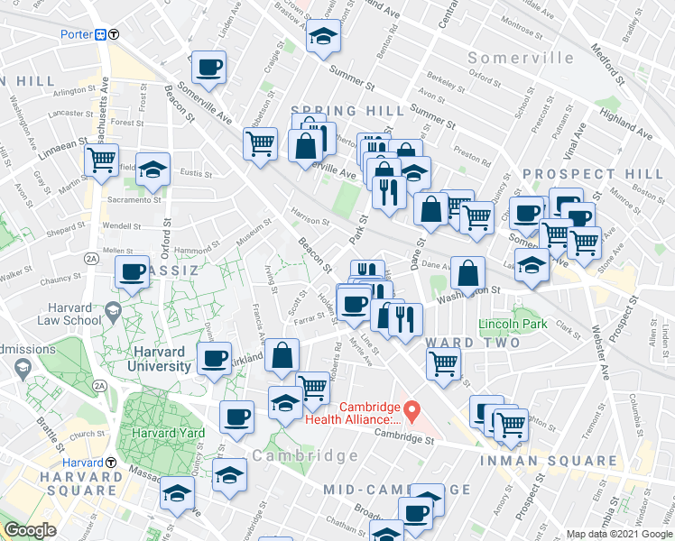map of restaurants, bars, coffee shops, grocery stores, and more near 161 Beacon Street in Somerville