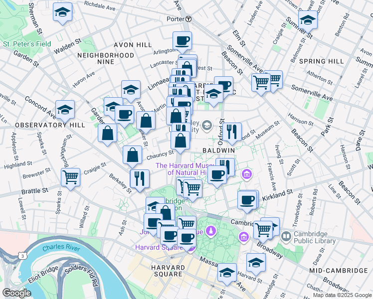 map of restaurants, bars, coffee shops, grocery stores, and more near 1587 Massachusetts Avenue in Cambridge