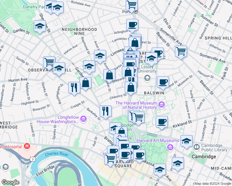 map of restaurants, bars, coffee shops, grocery stores, and more near 16 Chauncy Street in Cambridge