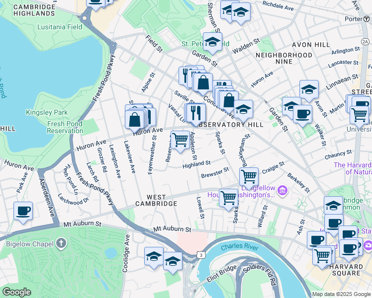 map of restaurants, bars, coffee shops, grocery stores, and more near 71 Appleton Street in Cambridge