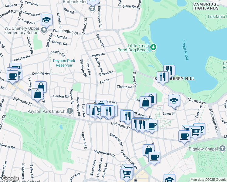map of restaurants, bars, coffee shops, grocery stores, and more near 35 Harvard Road in Belmont