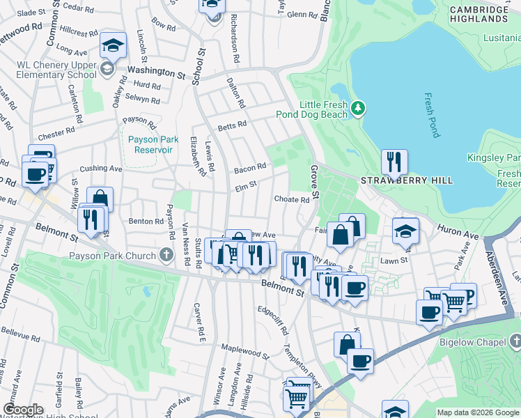 map of restaurants, bars, coffee shops, grocery stores, and more near 35 Harvard Road in Belmont