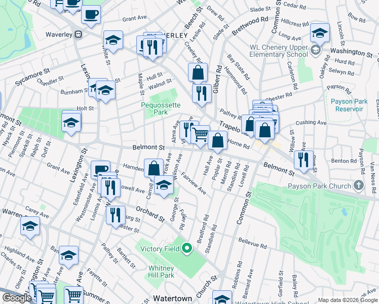 map of restaurants, bars, coffee shops, grocery stores, and more near 23 Hardy Avenue in Watertown