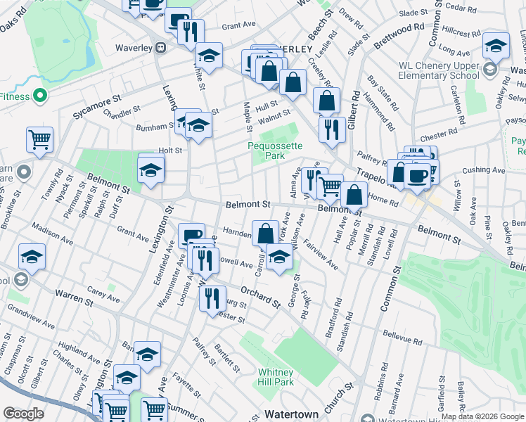 map of restaurants, bars, coffee shops, grocery stores, and more near 81 Carroll Street in Watertown