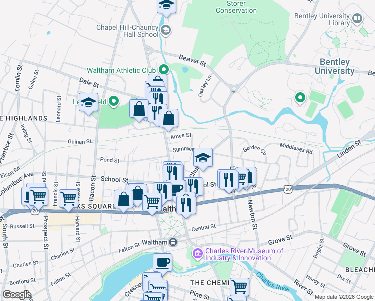 map of restaurants, bars, coffee shops, grocery stores, and more near 20 Warren Avenue in Waltham