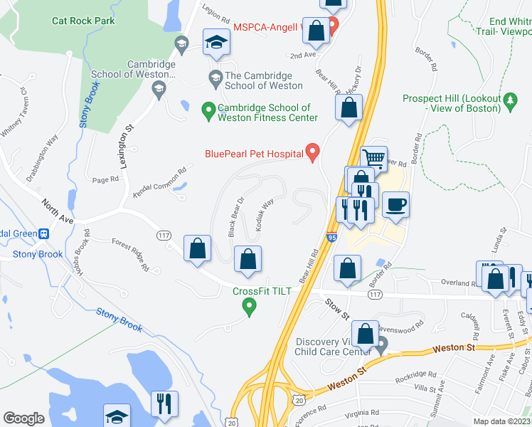 map of restaurants, bars, coffee shops, grocery stores, and more near 117 Kodiak Way in Waltham