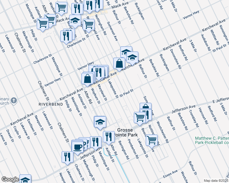 map of restaurants, bars, coffee shops, grocery stores, and more near 1106 Maryland Street in Grosse Pointe