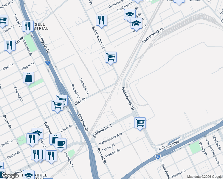 map of restaurants, bars, coffee shops, grocery stores, and more near 1900 Clay Street in Detroit