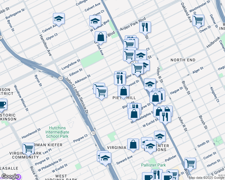map of restaurants, bars, coffee shops, grocery stores, and more near 671 Hazelwood Street in Detroit