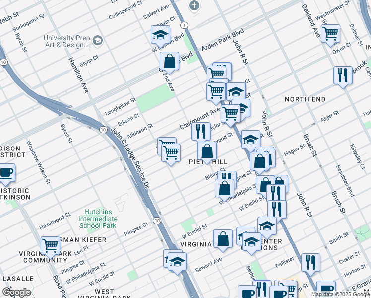 map of restaurants, bars, coffee shops, grocery stores, and more near 671 Hazelwood Street in Detroit