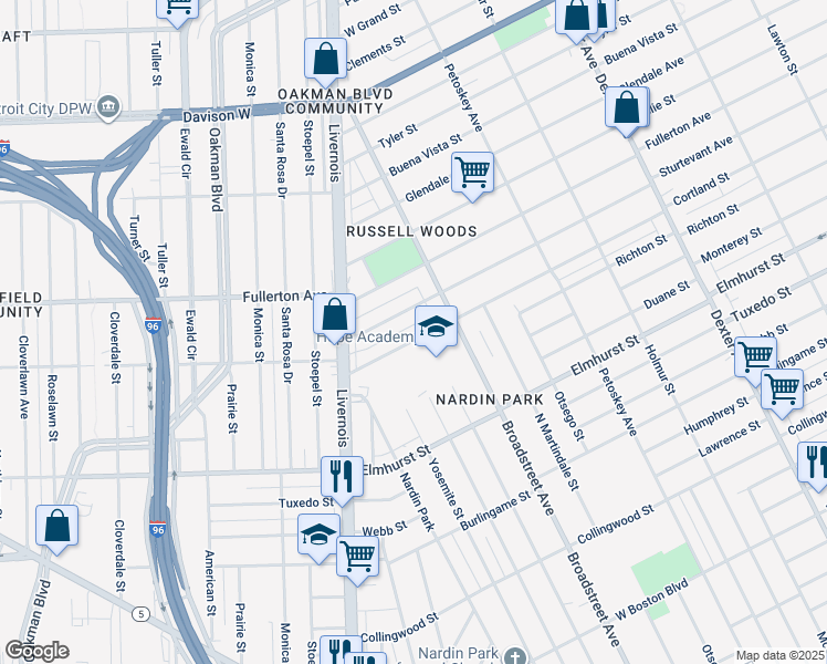 map of restaurants, bars, coffee shops, grocery stores, and more near 12121 Broadstreet Avenue in Detroit