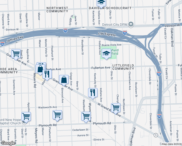 map of restaurants, bars, coffee shops, grocery stores, and more near 12326 Wyoming Avenue in Detroit