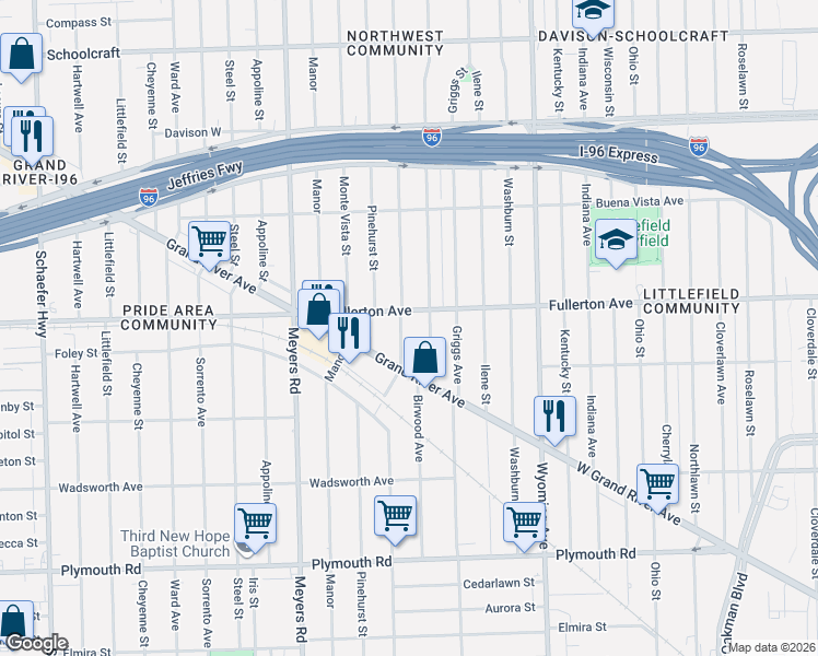 map of restaurants, bars, coffee shops, grocery stores, and more near 12435 Mendota Street in Detroit