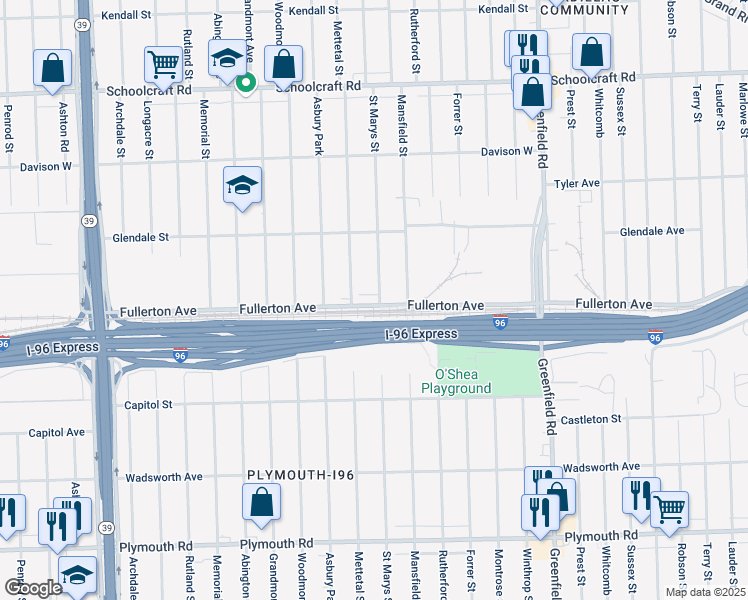 map of restaurants, bars, coffee shops, grocery stores, and more near 16200 Fullerton Avenue in Detroit
