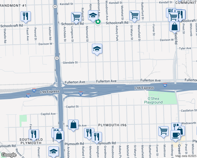 map of restaurants, bars, coffee shops, grocery stores, and more near 401 Fullerton Avenue in Detroit