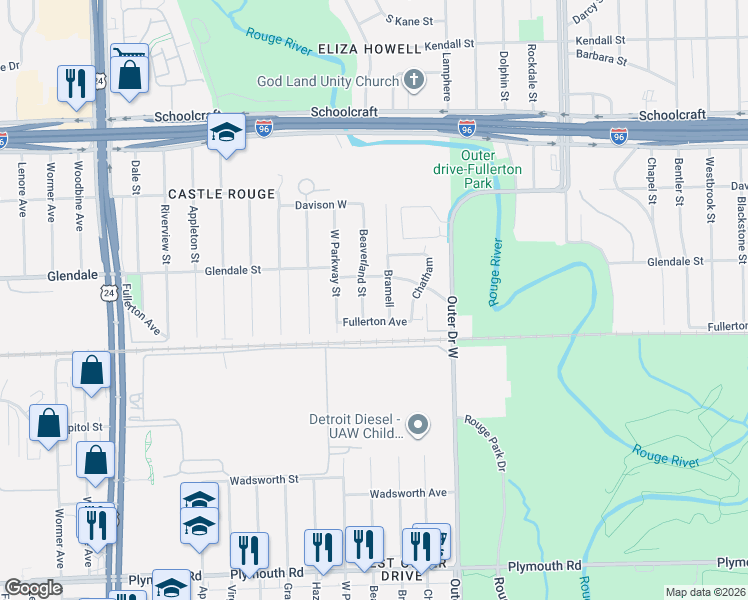 map of restaurants, bars, coffee shops, grocery stores, and more near 12645 Beaverland Street in Detroit