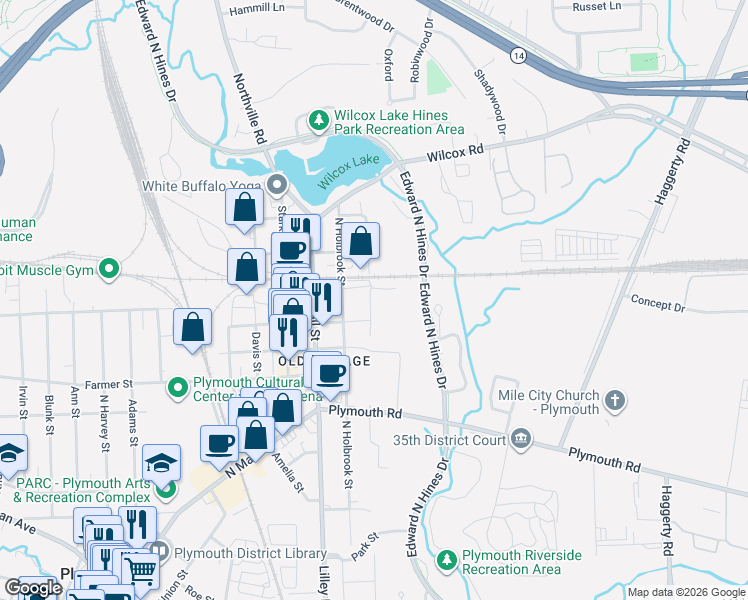 map of restaurants, bars, coffee shops, grocery stores, and more near 291 East Liberty Street in Plymouth