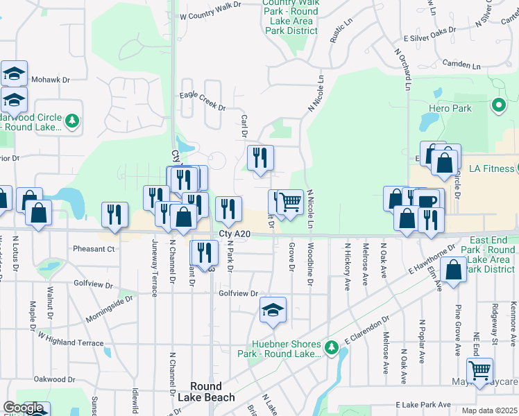 map of restaurants, bars, coffee shops, grocery stores, and more near 200 West Rollins Road in Round Lake Beach