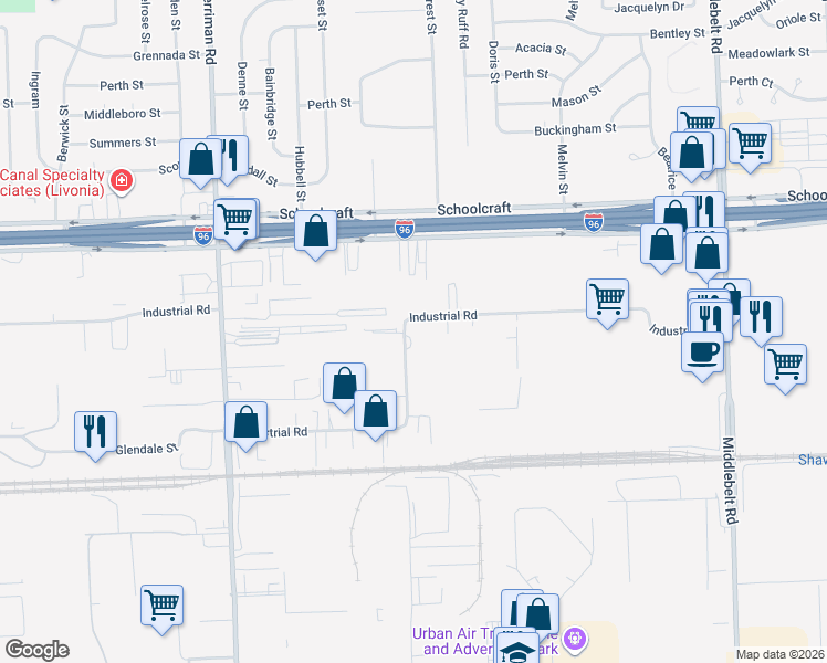 map of restaurants, bars, coffee shops, grocery stores, and more near 30853 Industrial Road in Livonia